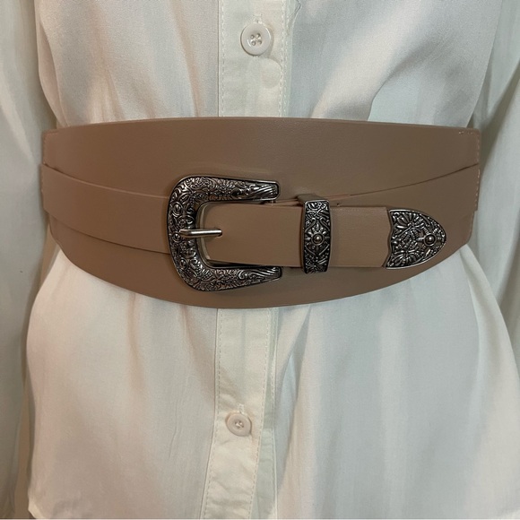 Beige PU leather elastic waistband chunky buckle wide belt - Picture 1 of 9